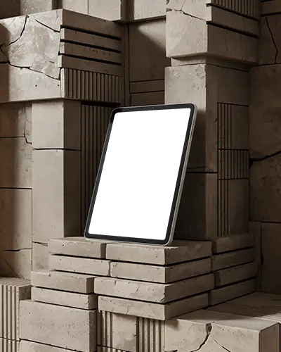 brutalist-architecture-ipad-pro-mockup-angled-view-on-stacked-stone-blocks-with-deep-shadows