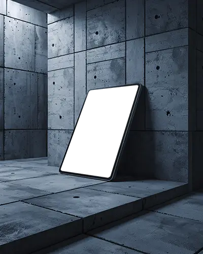 dark-concrete-ipad-air-mockup-leaning-against-industrial-wall-in-blue-toned-studio-lighting
