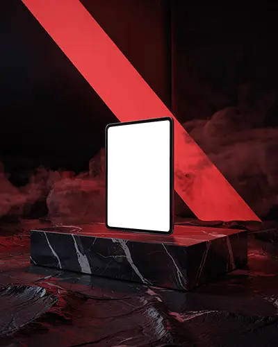 ipad-mini-mockup-on-black-marble-block-with-red-neon-lighting-and-dark-smoke-filled-backdrop