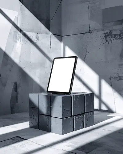 ipad-mini-mockup-on-fractured-cube-pedestal-in-sunlit-concrete-room-with-angled-shadows