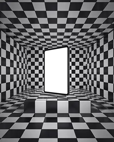 ipad-pro-mockup-on-pedestal-in-optical-illusion-space-with-checker-patterned-walls-and-floor