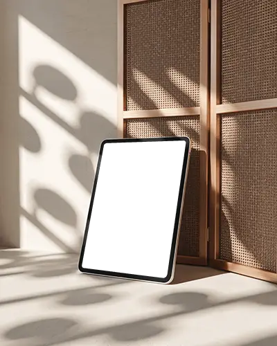 ipad-air-mockup-in-warm-studio-lighting-leaning-against-rattan-panel-with-soft-shadow-play