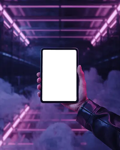 ipad-mini-mockup-handheld-in-glowing-purple-neon-tunnel-with-smoke-and-dark-sci-fi-vibes