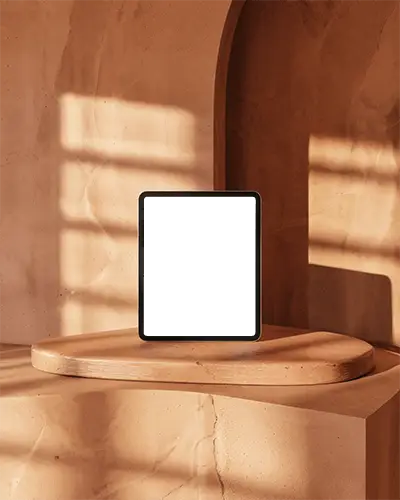 Modern Ipad Mini Mockup In Desert Toned Interior On Smooth Plinth With Linear Light Play