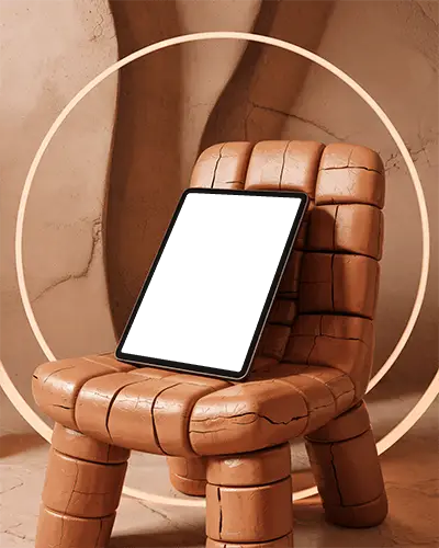 Editorial Ipad Pro Mockup On Puffy Modern Chair With Textured Wall And Ambient Light Loop