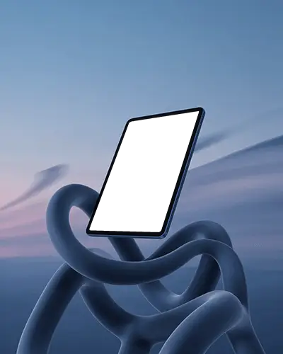 Surreal Ipad Air Mockup Floating Mounted On Twisted Tubular Structure Against Soft Dreamy Sky