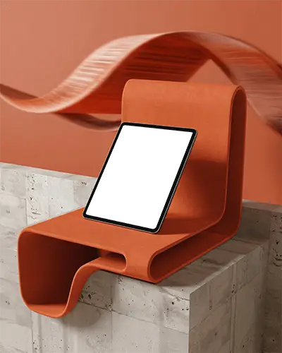 Ipad Mini Mockup On Curved Orange Seat With Stone Podium And Dynamic Flowing Backdrop