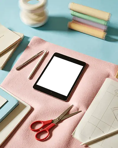 Ipad Mini Mockup In Stationery Workspace Flatlay With Pink Felt And Colorful Craft Supplies