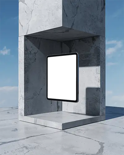 Brutalist Style Ipad Pro Mockup Floating Set In Marble Wall Box With Natural Sky Background