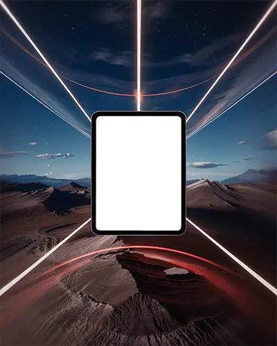 Sci Fi Ipad Mini Mockup Floating In Cinematic Landscape With Glowing Lines And Horizon