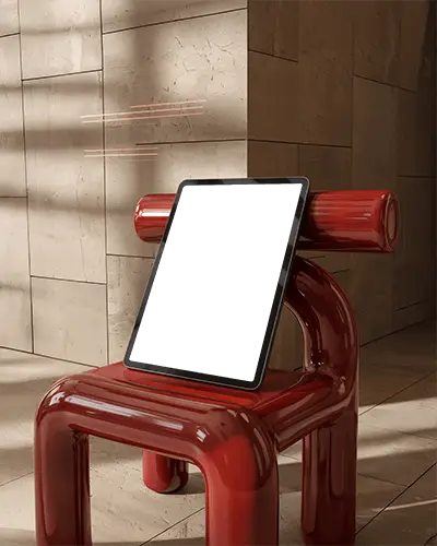Ipad Pro Mockup On Glossy Red Chair With Sculptural Form In Sunlit Modern Interior
