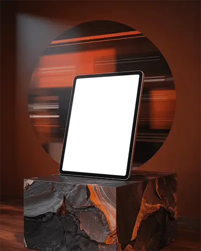 Premium Ipad Air Mockup Against Orange Gradient Halo On Volcanic Stone Platform