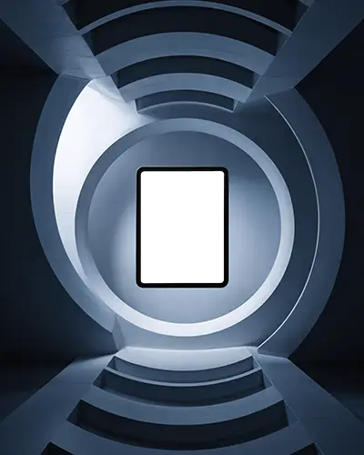 Sci Fi Ipad Mini Mockup Framed In Concrete Spiral Tunnel With Symmetrical Stair Pattern