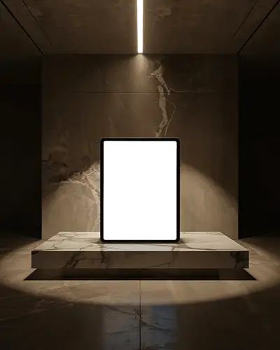 Ipad Air Mockup On Marble Podium In Dramatic Spotlight With Dark Luxury Interior