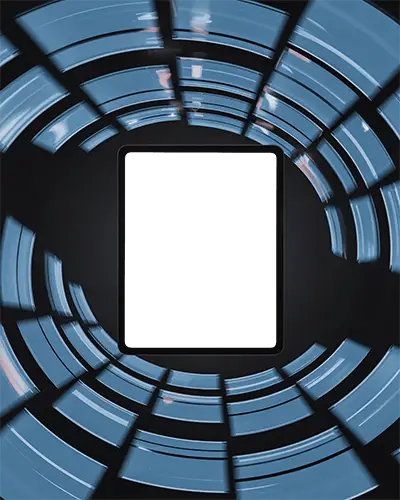 Futuristic Ipad Mini Mockup Centered In Rotating Blue Panel Tunnel With Digital Motion