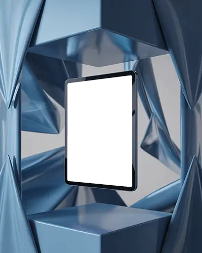 Ipad Pro Mockup Floating Inside Sculpted Metal Frame With Glossy Blue Folded Surfaces