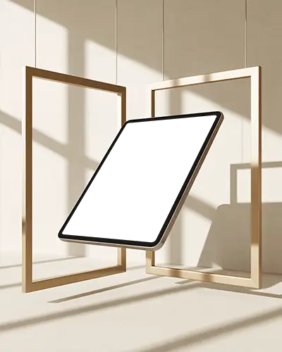 Ipad Air Mockup Floating Between Wooden Frames In Minimal Sunlit Studio Scene