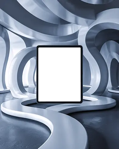 Surreal Ipad Pro Mockup In Modern Abstract Interior With Wavy Structure And Reflections