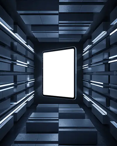 Ipad Air Mockup In Sci Fi Light Tunnel With Floating Panels And Symmetric Ambient Glow
