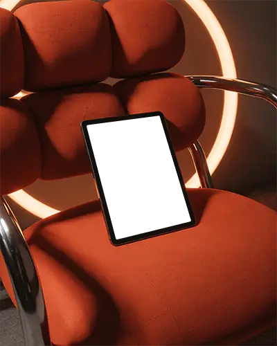 Ipad Mini Mockup On Orange Cushion Chair With Metal Arms And Glowing Circle Backlight