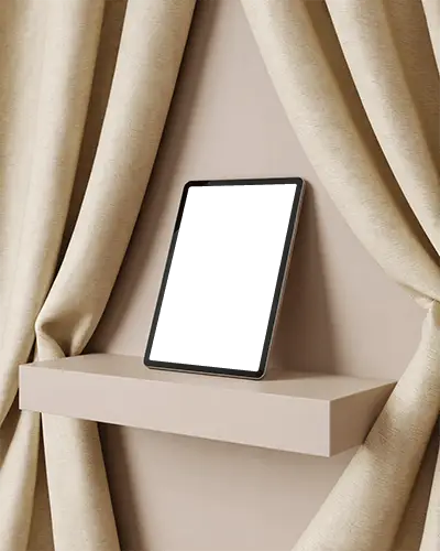 Ipad Air Mockup On Minimal Shelf Framed By Beige Curtains In Elegant Interior Setting
