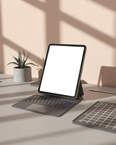 Ipad Mini Mockup On Keyboard Stand In Bright Desk Setup With Shadows And Plant Decor