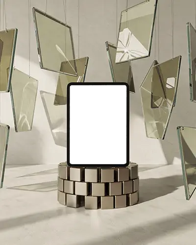 ipad-mini-mockup-on-metallic-podium-with-hanging-glass-shards-in-modern-studio-light