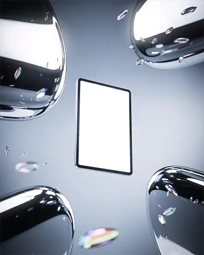 floating-ipad-air-mockup-surrounded-by-chrome-objects-and-bubbles-in-high-gloss-light