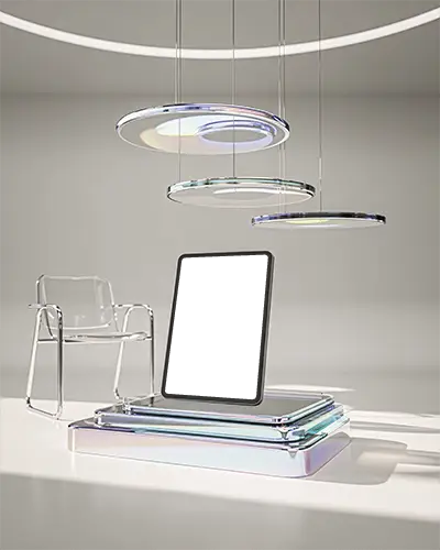 stylish-ipad-mini-mockup-on-luxury-display-under-suspended-disc-lights-and-clear-chair