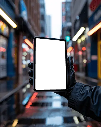 ipad-mini-mockup-held-in-black-glove-on-rainy-street-with-neon-city-lights-and-reflection