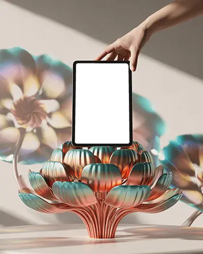 floral-sculpture-ipad-air-mockup-with-hand-reveal-in-modern-art-inspired-light-setting