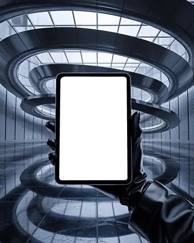 futuristic-ipad-pro-mockup-in-modern-spiral-atrium-held-in-gloved-hand-center-frame