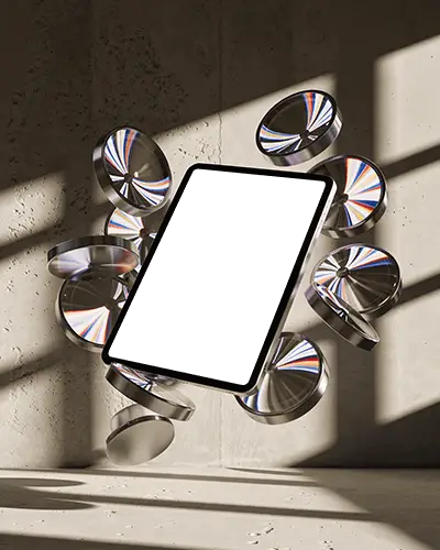 creative-ipad-mini-mockup-hovering-amid-circular-discs-in-sculptural-light-studio
