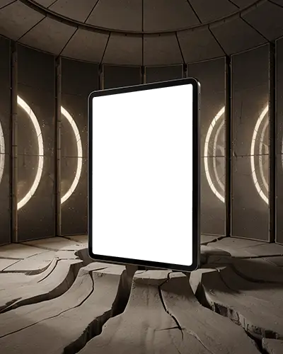 ipad-pro-mockup-standing-in-cracked-stone-chamber-with-circular-wall-lights-and-shadows