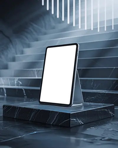 ipad-mini-mockup-on-dark-marble-pedestal-in-blue-lit-staircase-with-modern-led-lights