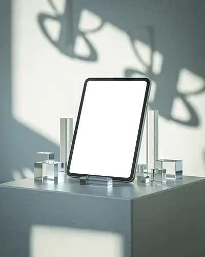 Ipad Air Mockup On White Plinth With Crystal Blocks And Abstract Shadow Light Patterns