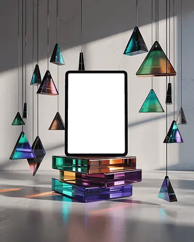 ipad-mini-mockup-on-colorful-glass-blocks-with-hanging-prisms-and-soft-art-studio-light