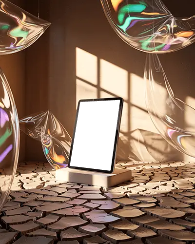 ipad-air-mockup-on-earthy-podium-with-floating-glass-forms-and-warm-sunlit-shadows