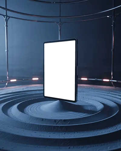 futuristic-ipad-air-mockup-hovering-on-textured-podium-in-dark-sci-fi-ringed-chamber