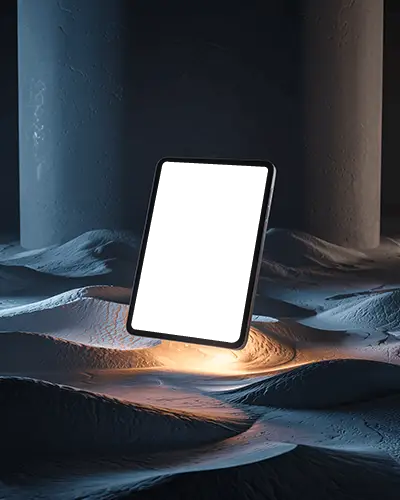 glowing-ipad-mini-mockup-floating-in-cratered-terrain-with-mystic-orange-light-center