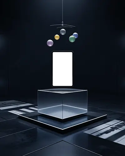 ipad-air-mockup-floating-above-glowing-cube-podium-with-hanging-planets-in-dark-room