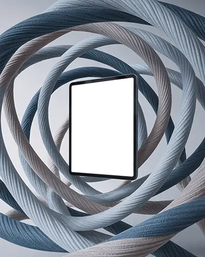 ipad-air-mockup-floating-in-center-of-twisted-soft-rope-sculpture-with-modern-light