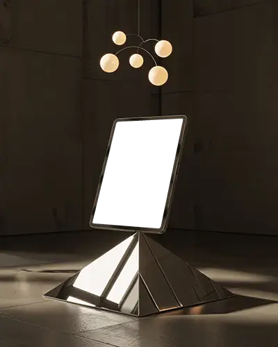 ipad-mini-mockup-on-pyramid-base-under-modern-globe-chandelier-in-moody-studio-light