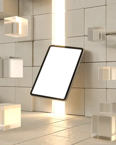 ipad-air-mockup-floating-in-tile-room-with-glowing-gap-and-transparent-cube-elements