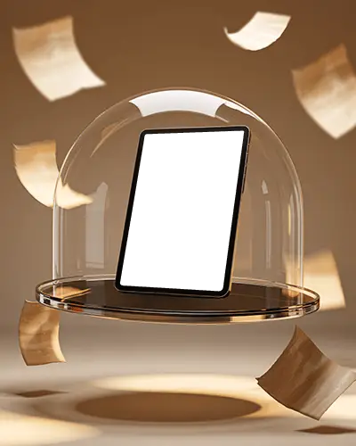 ipad-mini-mockup-under-glass-dome-with-floating-pages-in-warm-studio-lighting-display
