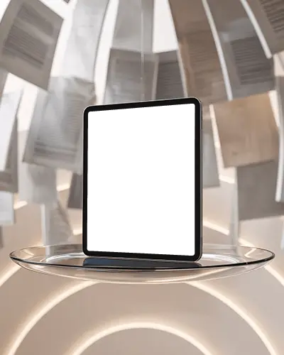 modern-ipad-air-mockup-floating-on-clear-platform-amid-curved-sheets-and-warm-glow