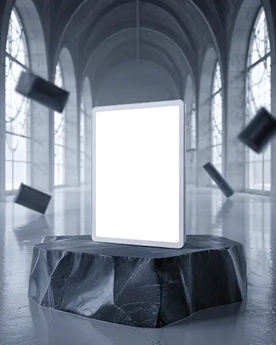 ipad-mini-mockup-in-elegant-cathedral-room-with-floating-objects-and-glossy-floor