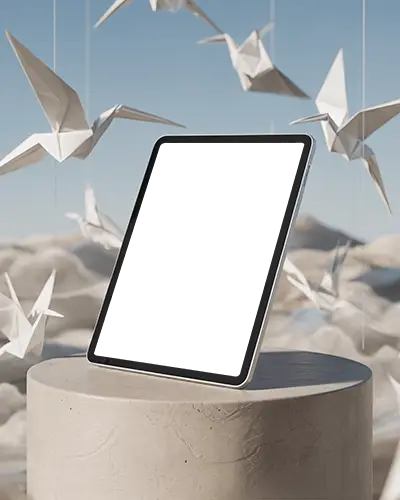 ipad-air-mockup-on-round-pedestal-with-floating-origami-cranes-and-cloudy-mountain-view