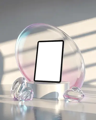 artistic-ipad-mini-mockup-surrounded-by-transparent-blobs-and-hazy-colored-disc