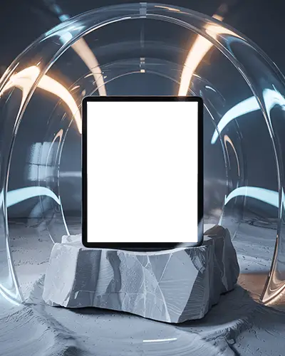 ipad-pro-mockup-on-rough-stone-pedestal-under-clear-glass-arch-in-sci-fi-lighted-room